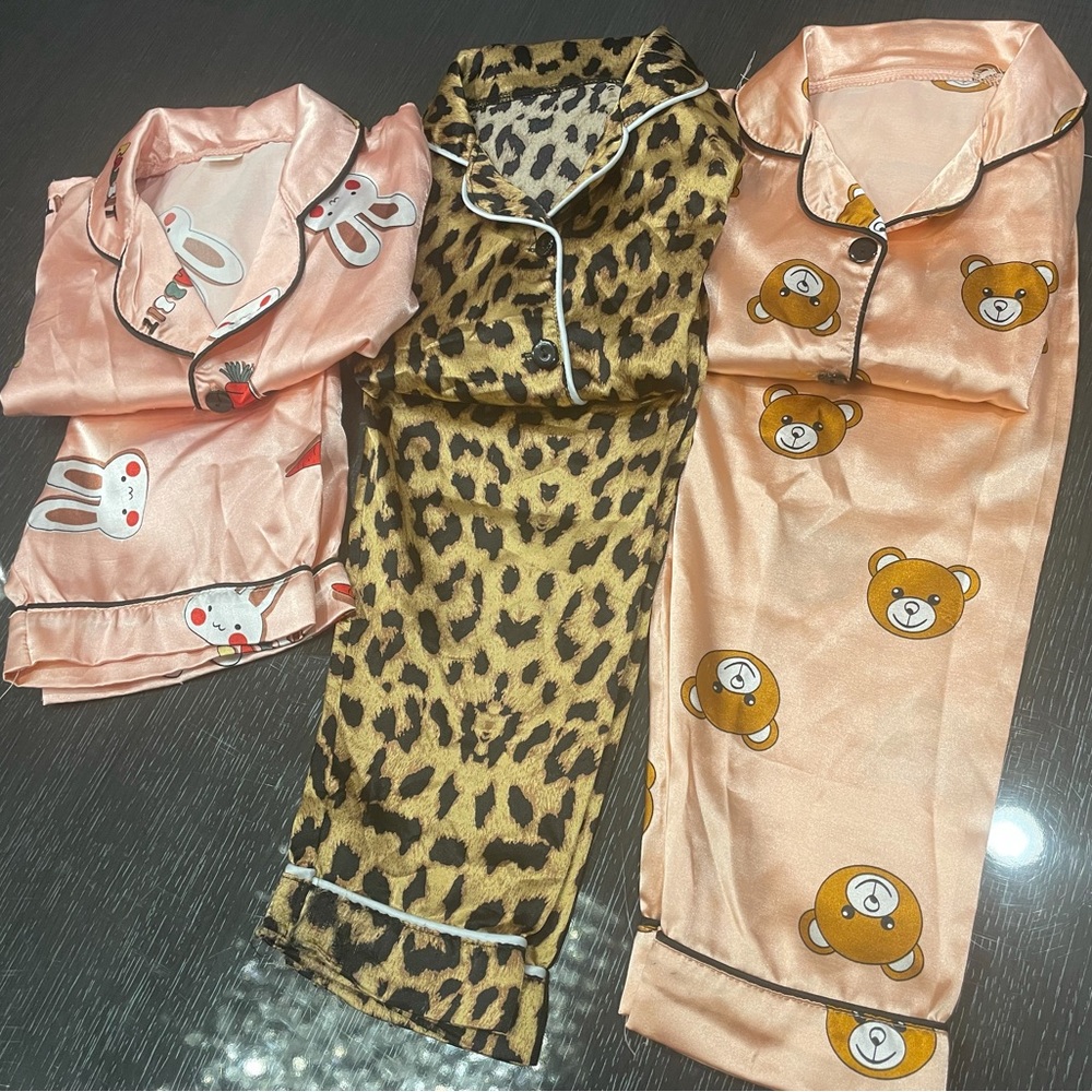3 sets of silk pjs with prints 1.cheetah 2.teddy bear 3.bunny print BUNDLE